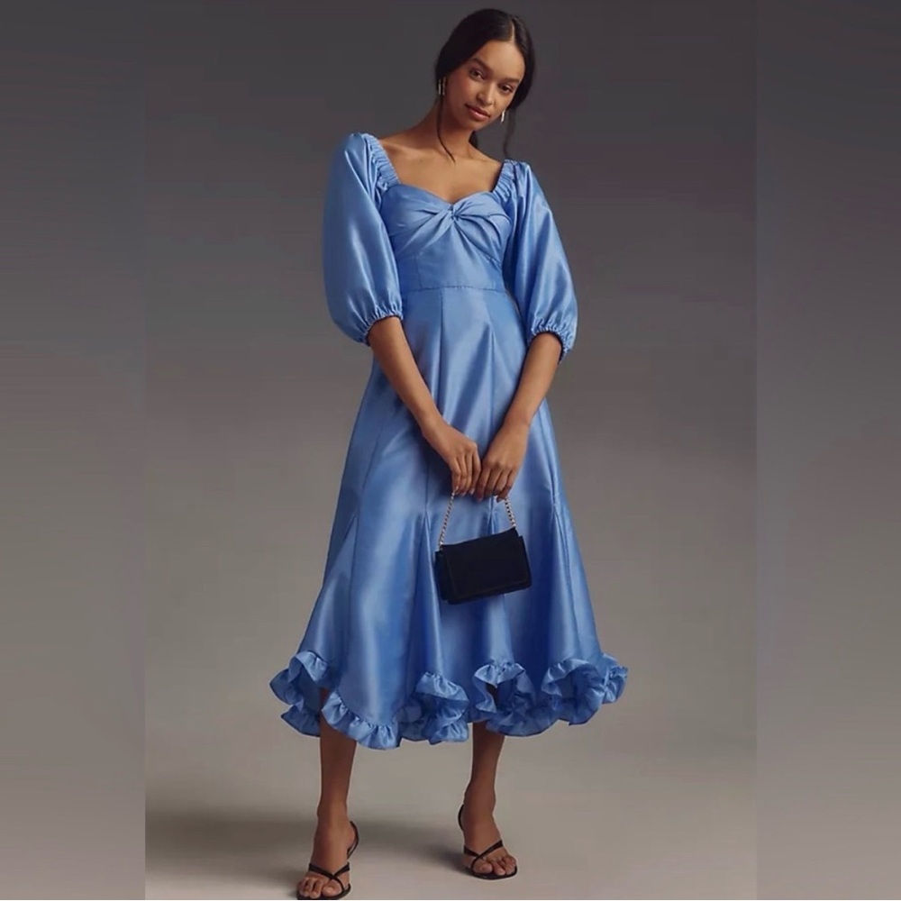 NWT Anthropologie HUTCH Twist Front Puff Sleeve Ruffle Hem Dress Sky Blue